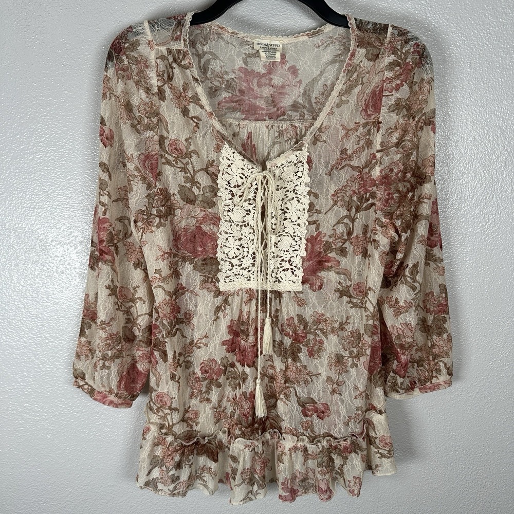Denim & Supply Ralph Lauren Floral‎ Lace Top Small Mesh Cottagecore Y2K Prairie